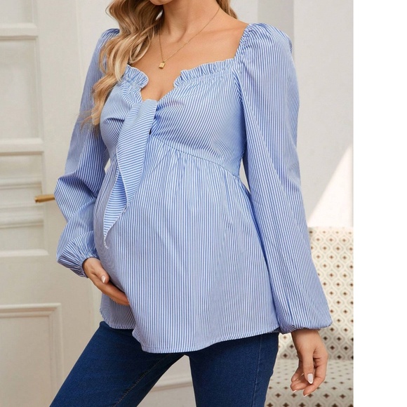 Maternity Stripes Ruffle Detail Long Sleeve Peplum Blouse - Picture 7 of 7